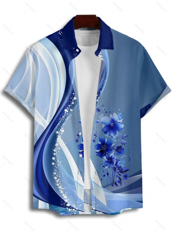 Chemise de vacances pour homme, décontractée, boutonnée, à imprimé floral colorblock - Bleu L