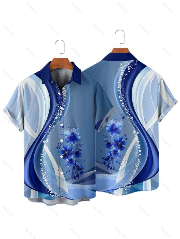Chemise de vacances pour homme, décontractée, boutonnée, à imprimé floral colorblock - Bleu L