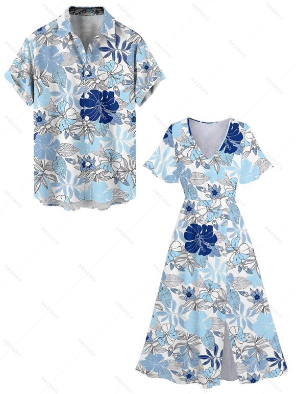 Vacation Couple Outfit Tropical Flower Leaf Print Slit Dress and Shirt Matching Set for Beach - Bleu clair S | US 4