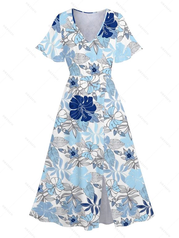 Vacation Couple Outfit Tropical Flower Leaf Print Slit Dress and Shirt Matching Set for Beach - Bleu clair S | US 4