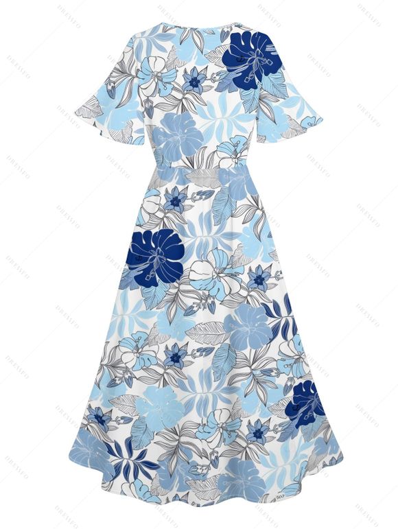 Vacation Couple Outfit Tropical Flower Leaf Print Slit Dress and Shirt Matching Set for Beach - Bleu clair S | US 4