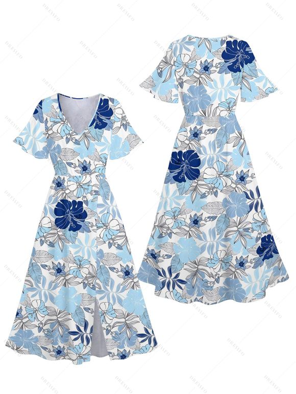 Vacation Couple Outfit Tropical Flower Leaf Print Slit Dress and Shirt Matching Set for Beach - Bleu clair S | US 4