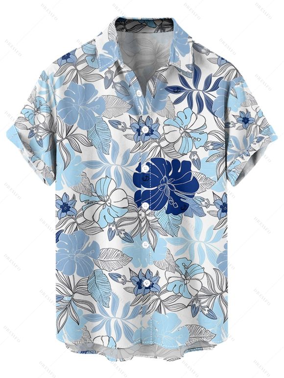 Vacation Couple Outfit Tropical Flower Leaf Print Slit Dress and Shirt Matching Set for Beach - Bleu clair S | US 4