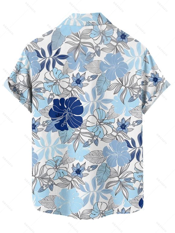 Vacation Couple Outfit Tropical Flower Leaf Print Slit Dress and Shirt Matching Set for Beach - Bleu clair S | US 4