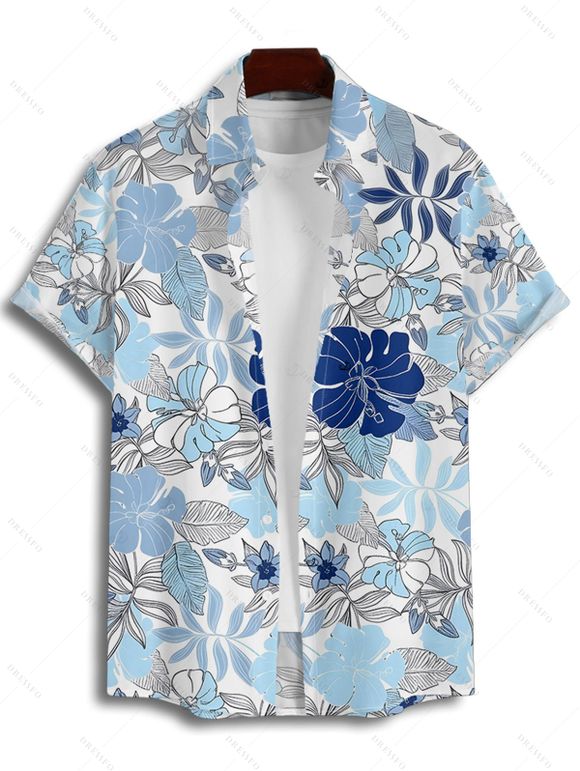 Vacation Couple Outfit Tropical Flower Leaf Print Slit Dress and Shirt Matching Set for Beach - Bleu clair S | US 4