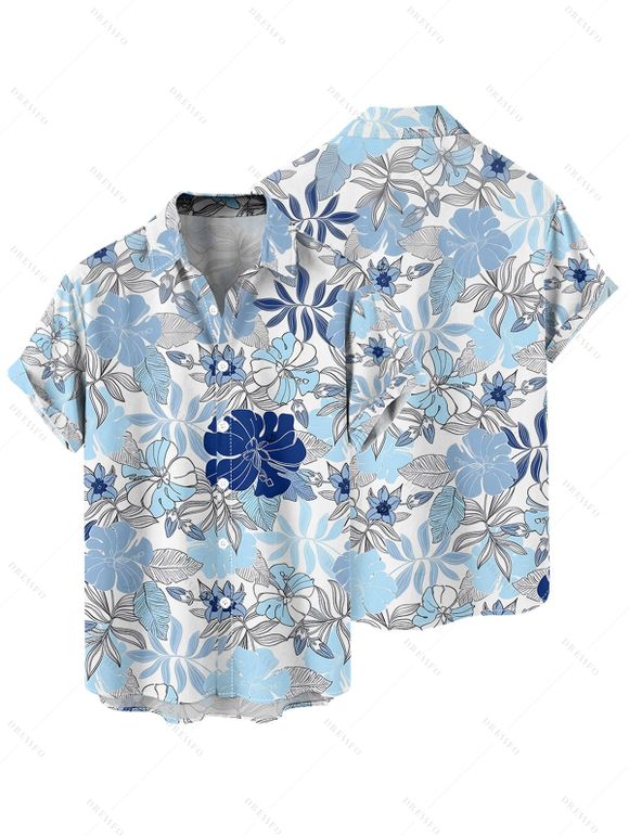 Vacation Couple Outfit Tropical Flower Leaf Print Slit Dress and Shirt Matching Set for Beach - Bleu clair S | US 4