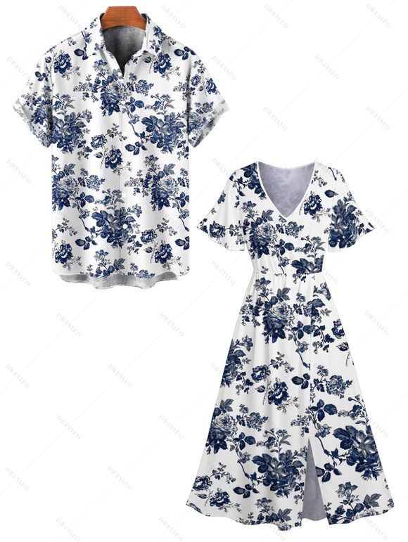 Vacation Couple Outfit Flower Leaf Print Slit Dress and Shirt Matching Set - Blanc S | US 4