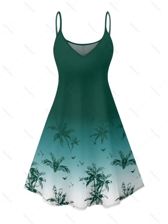 Robe de vacances ombrée à imprimé cocotiers, mini-robe à bretelles spaghetti pour la plage - Vert profond XXXXXL | US 20