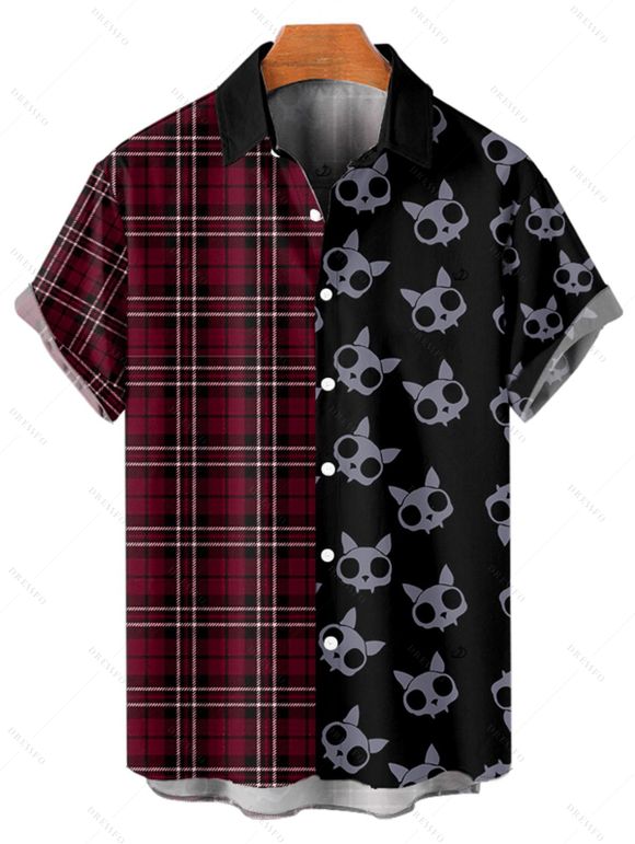 Chemise gothique à carreaux pour homme, boutonnée, imprimée tête de mort, pour Halloween - Rouge foncé 5XL