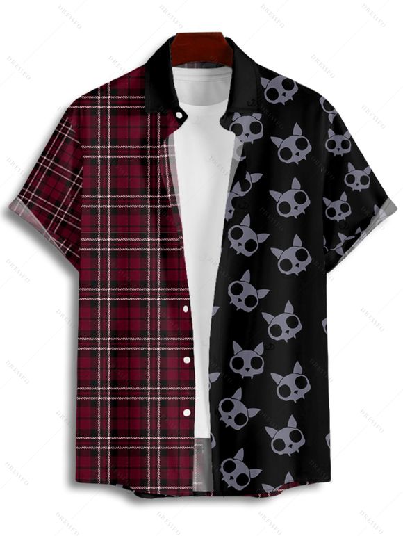 Chemise gothique à carreaux pour homme, boutonnée, imprimée tête de mort, pour Halloween - Rouge foncé S