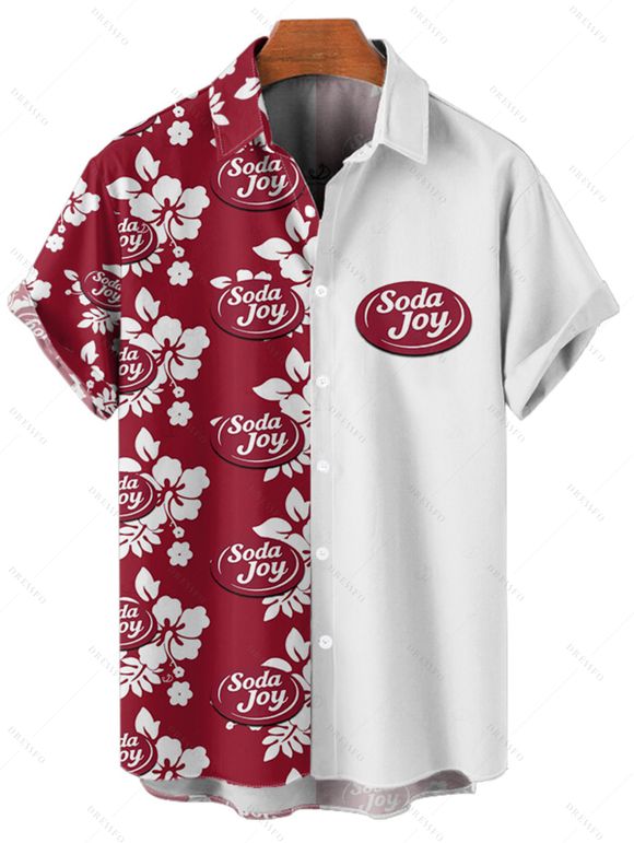 Chemise de vacances pour homme, imprimé fleur d'hibiscus, couleur contrastée - Rouge foncé 5XL