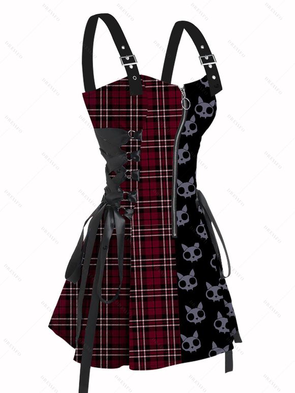 Robe gothique à carreaux et imprimé têtes de mort, mini-robe à lacets et bretelles à boucle pour Halloween - Rouge foncé XXL | US 14