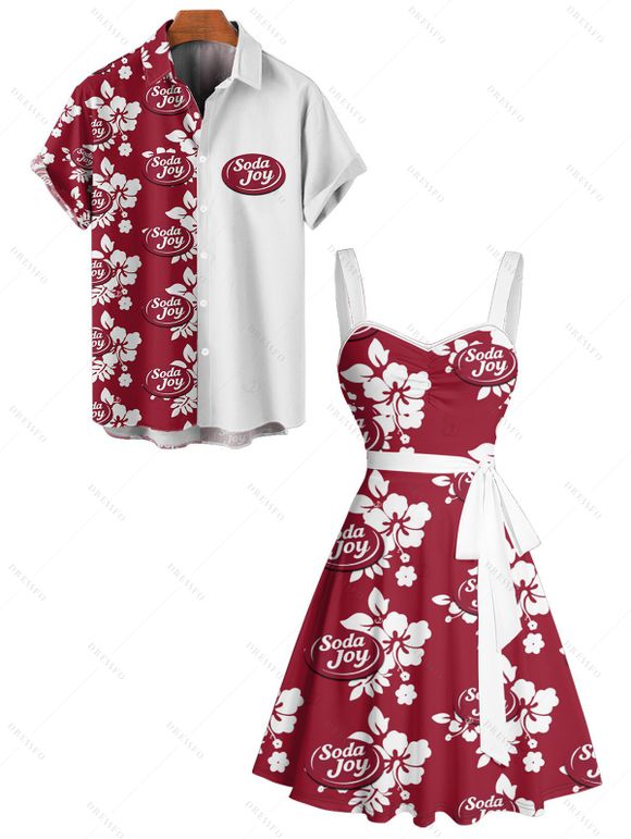 Vacation Couple Outfit Hibiscus Flower Letter Print Belt Dress and Shirt Matching Set - Rouge foncé S | US 4