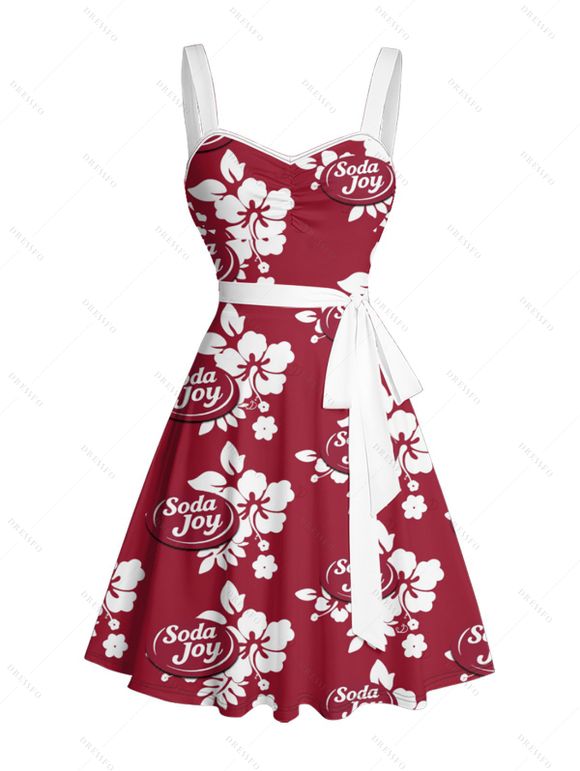 Vacation Couple Outfit Hibiscus Flower Letter Print Belt Dress and Shirt Matching Set - Rouge foncé S | US 4