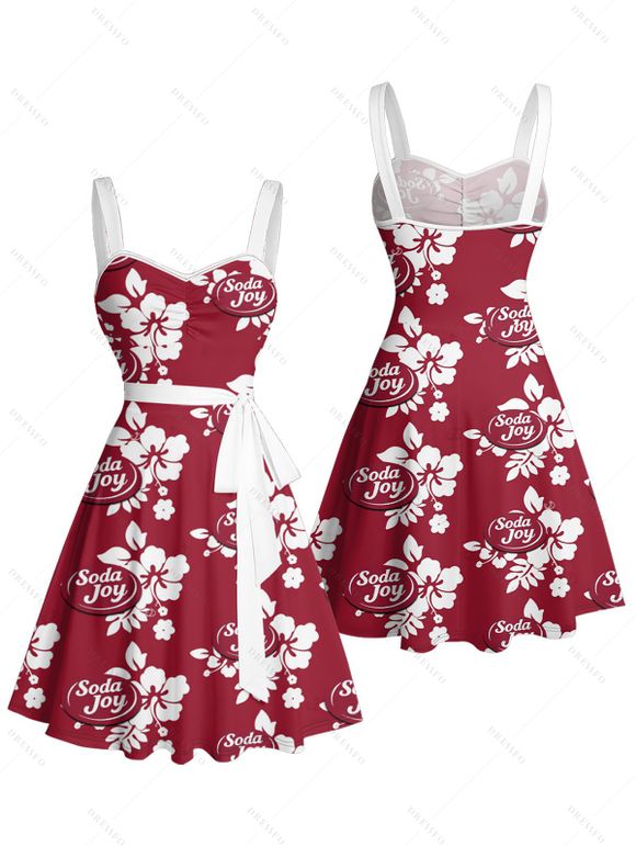 Vacation Couple Outfit Hibiscus Flower Letter Print Belt Dress and Shirt Matching Set - Rouge foncé S | US 4