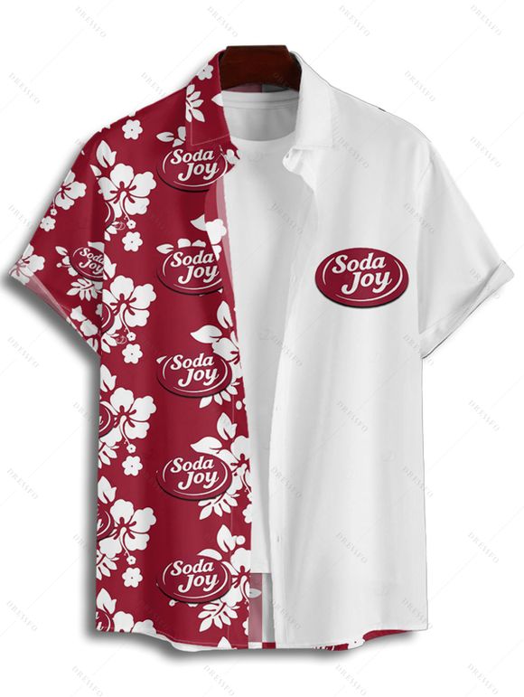 Chemise de vacances pour homme, imprimé fleur d'hibiscus, couleur contrastée - Rouge foncé 4XL