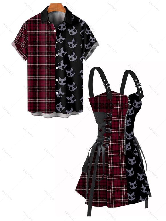Gothic Couple Outfit for Halloween Plaid Skulls Print Lace Up Dress and Shirt Matching Set - Rouge foncé S | US 4