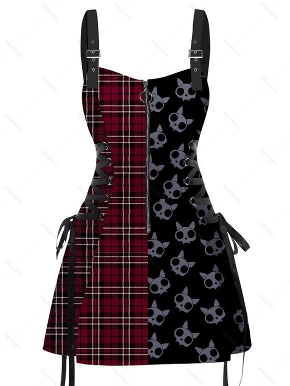 Gothic Couple Outfit for Halloween Plaid Skulls Print Lace Up Dress and Shirt Matching Set - Rouge foncé S | US 4