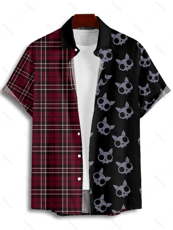 Gothic Couple Outfit for Halloween Plaid Skulls Print Lace Up Dress and Shirt Matching Set - Rouge foncé S | US 4