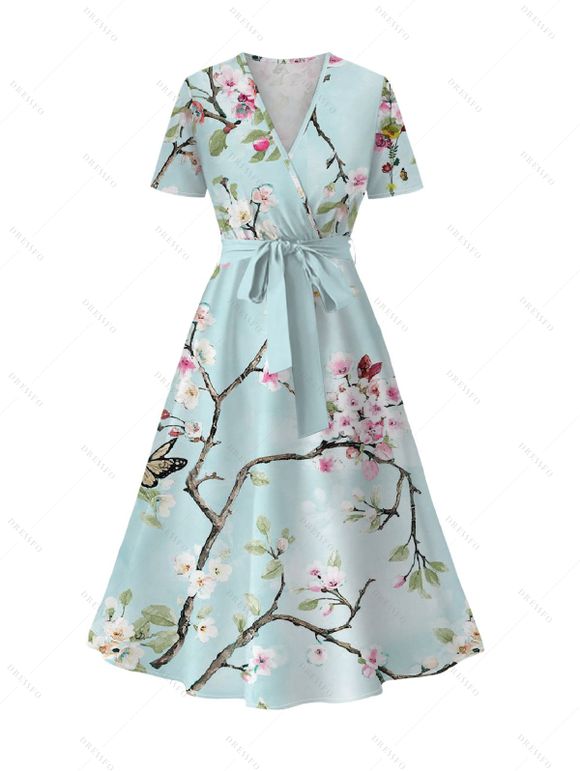 Robe de vacances à imprimé floral Robe mi-longue à ceinture en fleurs de pêcher - Vert clair XXL | US 14