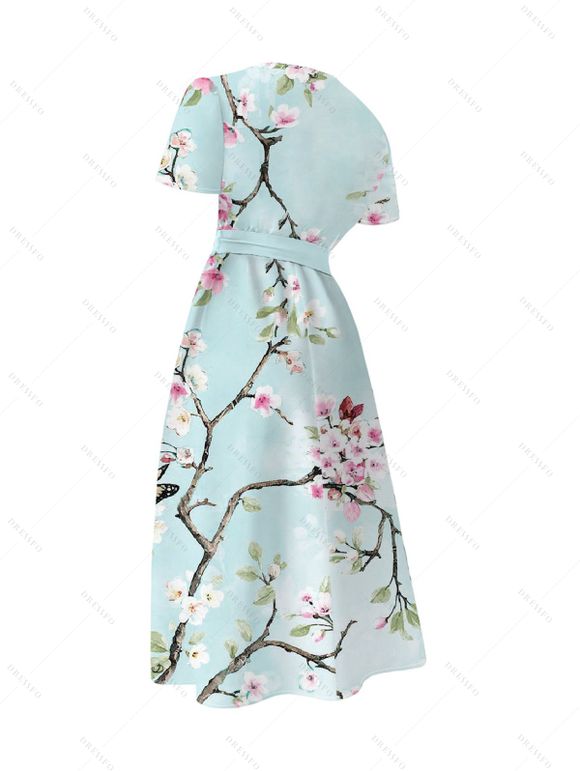Robe de vacances à imprimé floral Robe mi-longue à ceinture en fleurs de pêcher - Vert clair XXL | US 14