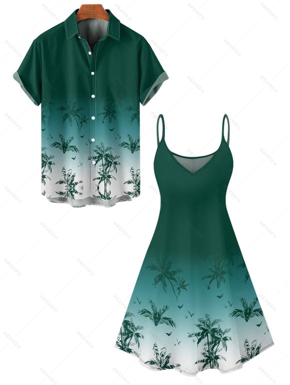 Beach Couple Outfit Ombre Coconut Tree Print Mini Dress and Shirt Set for Vacation - Vert profond S | US 4