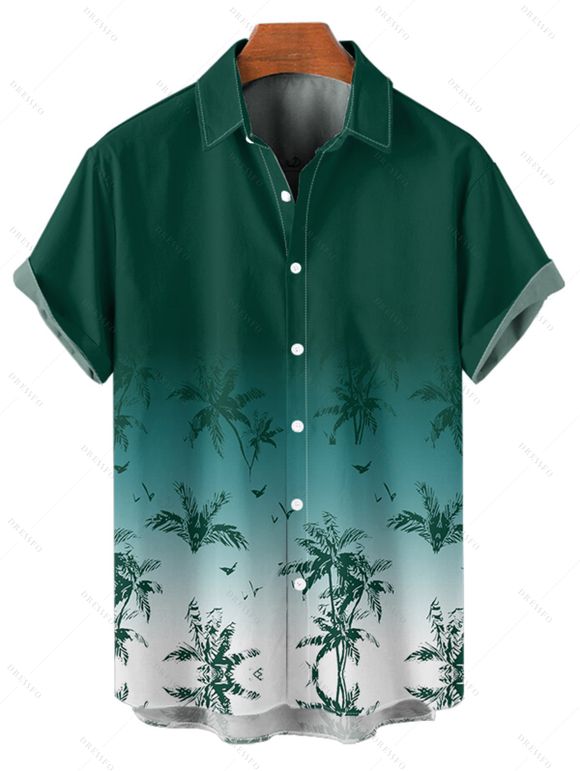 Beach Couple Outfit Ombre Coconut Tree Print Mini Dress and Shirt Set for Vacation - Vert profond S | US 4