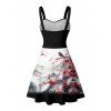Robe de vacances à imprimé floral de pêcher, motif oiseau et montagne, buste froncé, ceinture, décolleté en cœur, coupe trapèze, mini, décontractée - Noir L | US 8-10