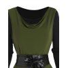 High Slit Longline Hooded Top And Sheer Lace Insert Long Sleeve Mini Tee Dress Two Piece Set - GREEN XL