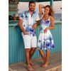 Vacation Couple Outfit Flower Leaf Print Ruched Bust Sweetheart Neck A Line Mini Dress and Button Up Shirt Casual Matching Outfit - Blanc S | US 4
