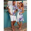 Vacation Couple Outfit Smudge Flower Leaf Pattern Ruched Bust Sweetheart Neck A Line Mini Dress and Button Up Shirt Casual Matching Outfit - WHITE S | US 4