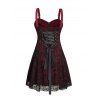 Colorblock Skulls Lace Half Zipper Lace Up Gothic Dress O Ring Sleeveless A Line Holiday Dress - DEEP RED XXL | US 14