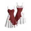 Robe de vacances de couleur contrastée, mini-robe froncée à imprimé encre Splash - Rouge foncé XXXXXL | US 20
