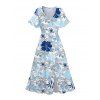 Robe de vacances fendue à imprimé floral et feuilles, col en V, manches mi-évasées, coupe trapèze, mi-longue, décontractée - Bleu clair S | US 4