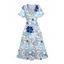 Robe de vacances fendue à imprimé floral et feuilles, col en V, manches mi-évasées, coupe trapèze, mi-longue, décontractée - Bleu clair S | US 4