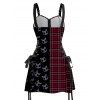 Gothic Couple Outfit for Halloween Plaid Skulls Print Lace Up Dress and Shirt Matching Set - Rouge foncé S | US 4