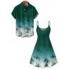 Beach Couple Outfit Ombre Coconut Tree Print Mini Dress and Shirt Set for Vacation - Vert profond S | US 4