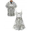 Skull Skeleton Print Gothic Couple Outfit Spaghetti Strap Mini Dress and Shirt Set - Blanc S | US 4