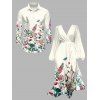 Vacation Couple Outfit Flower Leaf Butterfly Print Belt Chiffon Dress and Long Sleeve Shirt Set - Beige S | US 4