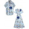 Vacation Couple Outfit Tropical Flower Leaf Print Slit Dress and Shirt Matching Set for Beach - Bleu clair S | US 4