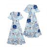Vacation Couple Outfit Tropical Flower Leaf Print Slit Dress and Shirt Matching Set for Beach - Bleu clair S | US 4