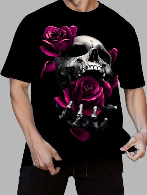 T-shirt gothique pour homme avec imprimé tête de mort et roses pour Halloween
