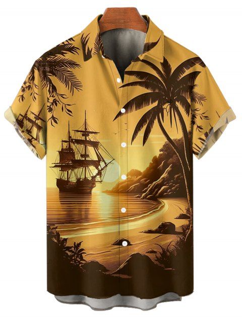 Chemise boutonnée à imprimé paysage de cocotiers pour homme, idéale pour les vacances à la plage