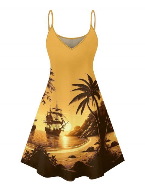 Robe de vacances pour la plage, mini-robe à bretelles spaghetti à imprimé paysage de cocotiers