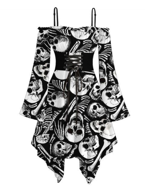 Robe gothique à imprimé squelette et tête de mort, robe asymétrique à lacets et épaules dénudées pour Halloween