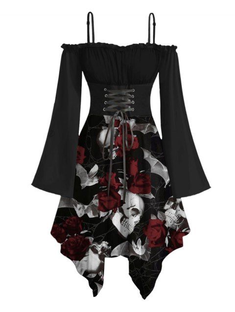 Robe gothique asymétrique à lacets et épaules dénudées avec imprimé tête de mort et roses pour Halloween