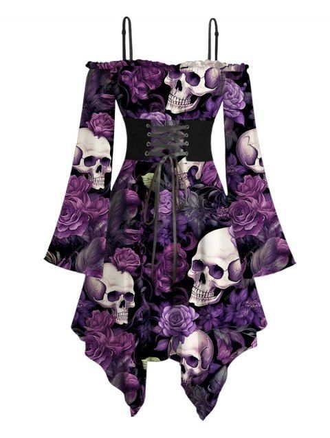 Robe gothique à imprimé tête de mort et rose pour Halloween, robe asymétrique à lacets et épaules dénudées