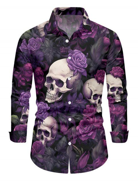 Chemise gothique à manches longues pour homme, motif tête de mort et roses, pour Halloween
