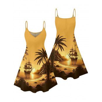 Vacation Dress for Beach Coconut Tree Landscape Print Spaghetti Strap Mini Dress