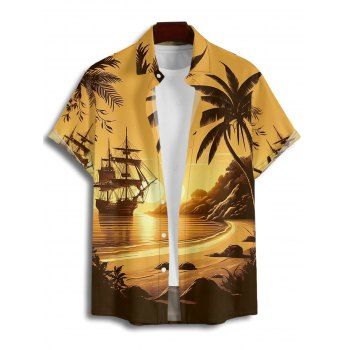 Vacation Couple Outfit for Beach Coconut Tree Print Spaghetti Strap Dress and Shirt Set